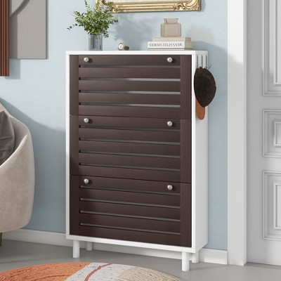 Freestanding Shoe Cabinet With Hooks, 3 Flip Drawers and Adjustable Panels - ModernLuxe