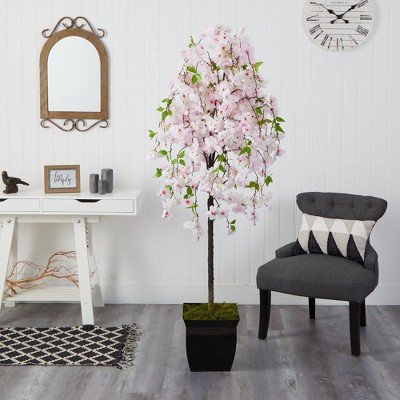 70'' Pink Sakura Faux Potted Tree in Black Planter