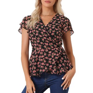 Allegra K Women's Floral Printed V Neck Short Sleeve Tie Waist Wrap Blouse - 1 of 4
