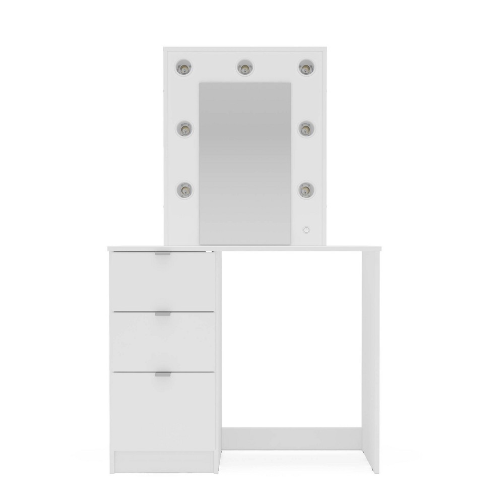 Polifurniture Daisy Bedroom Vanity with Lighted Mirror White: Engineered Wood, Modern Aluminum Handles, 3 Drawers, 7 Bulb Sockets