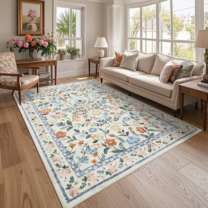 Living Room Rug Machine Washable Area Rug Non Slip Farmhouse Floral Rug Low Pile Soft Foldable Rugs - 1 of 4