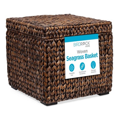BIRDROCK HOME Seagrass Storage Cube with Lid - Handwoven Basket for Blankets, Pillows & More, Sturdy Metal Frame Organizer - Brown Wash
