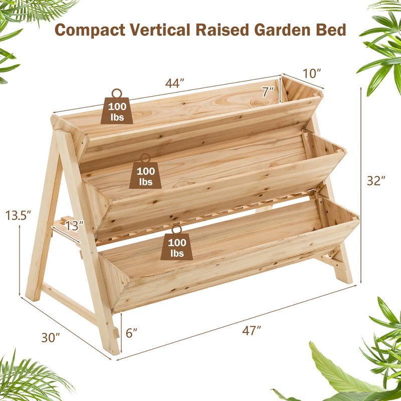 Costway 3 Tier Wooden Vertical Raised Garden Bed w/Storage Shelf, Side Hook & Liners, 3 of 11
