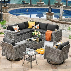 Marlton 9pc Wicker Outdoor Patio Furniture Set Conversation Sofa Sectional with Swivel Chairs and Cushions - 1 of 4