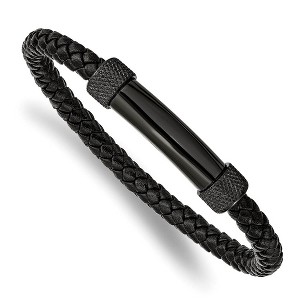 Black Bow Jewelry Black Plated Stainless Steel & Black Leather Bar Bracelet, 8.25 Inch - 1 of 4