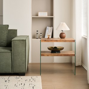 Wooakway 24"W/43"W Walnut Wood End Table with Glass Frame 2-Tier Open Storage Shelves Side Tables Vintage Sofa Table for Living Room Bedroom Office - 1 of 4