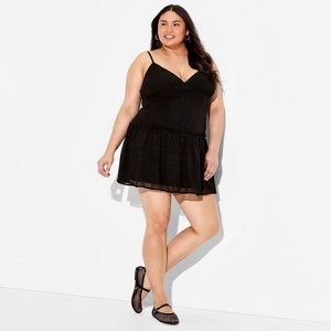 black long sleeve open back mini dress Black Contrast Drop Waist Backless Puffball Mini Dress main image 1