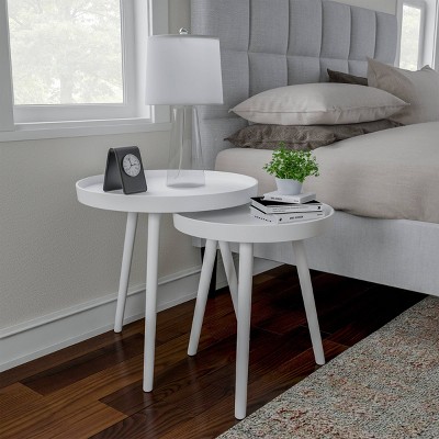 Mid-Century Modern White Round Wood Tray Top Nesting End Tables