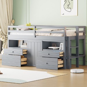 PAGED Simple Wooden Loft Bed Bunk Bed, Twin Size Bed Frame with Storage Drawers, Cabinet, Shelves and Guardrail for Kids, Teens - 1 of 4