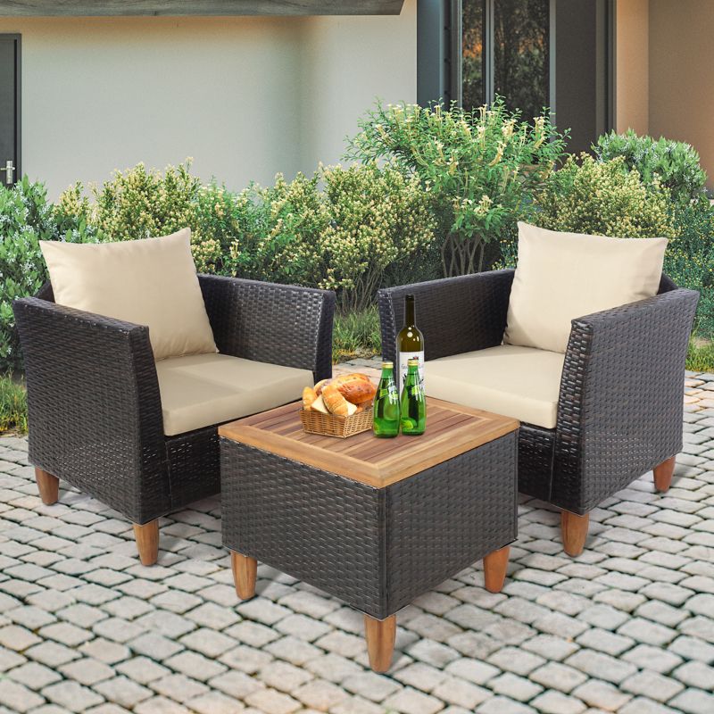 Tangkula 3 Pieces Outdoor Rattan Furniture Set Wicker Bistro Set Wooden Table Top with Cushions, 2 of 9