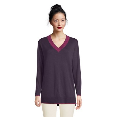 Lands' End Women's Fine Gauge Cotton V-Neck Pullover Tunic Sweater - Stripe  - X-Small - Black Currant/Marl Trims