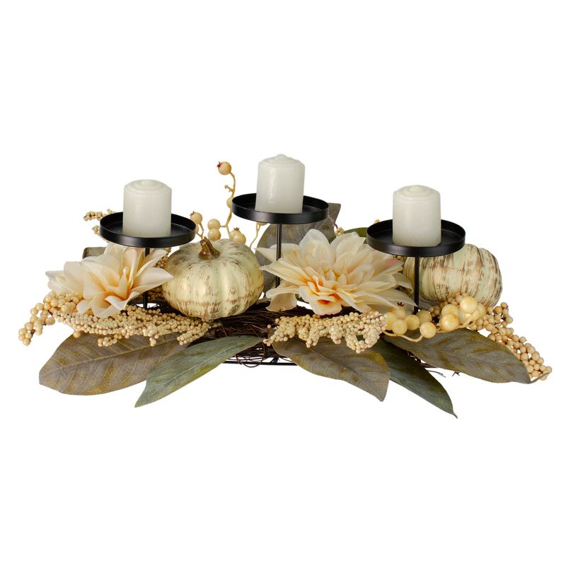 Northlight 21" White Dahlia and Pumpkin Fall Candle Holder Centerpiece, 1 of 7