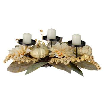 Northlight 21" White Dahlia and Pumpkin Fall Candle Holder Centerpiece