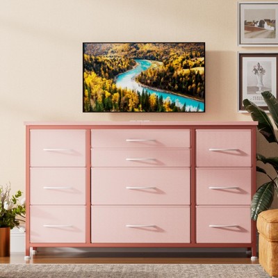 10 Drawer Dresser with Wooden Top for Bedroom, Rustic Tv Stand Dresser with Power Outlet for 55" TV, Fabric Dressers with Drawers for Living Room