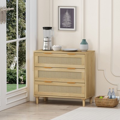 RISOKEYS 3 Drawer Dresser for Bedroom, Wooden Rattan Dresser Chest of Drawers, Cabinet Rattan Drawer, for Bedroom,Living Room,Dining Room,Hallways