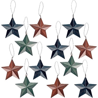 Rustic Barn Star Ornaments (12 Set) 4" Tin, Western Farmhouse Style Christmas Tree Decorations by 4E's Novelty