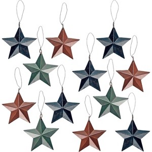 Rustic Barn Star Ornaments (12 Set) 4" Tin, Western Farmhouse Style Christmas Tree Decorations by 4E's Novelty - 1 of 4