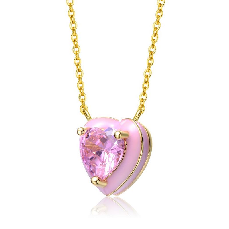 Guili Young Adults/Teens 14k Yellow Gold Plated with Pink Cubic Zirconia Pink Enamel Heart Dainty Pendant Layering Necklace., 2 of 3
