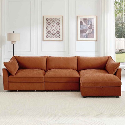 L-Shaped Sectional Sofa with Footstool, 3-Seater Sofa with Pull-Out Storage Drawers, Upholstered Chenille Sofa with Cushion-Coolbibila