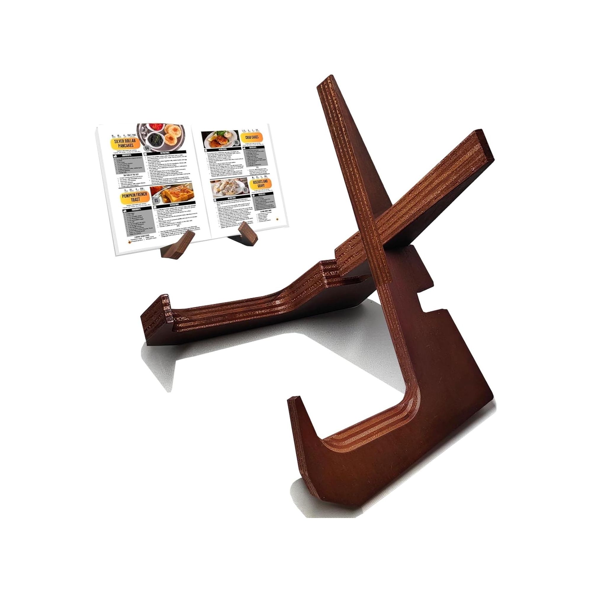 Cookbook Stand for Kitchen Counter Holds 600-Page Books, Rustic Wooden Display for Recipes & Tablets, Adjustable