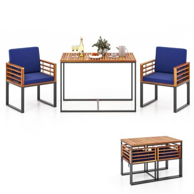 Tangkula 3 Piece Outdoor Dining Set 2 Acacia Wood Armchairs w/ 43.5 Inch Dining Table