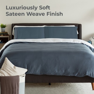 Reversible Blue and White Sateen Full/Queen Duvet Cover Set