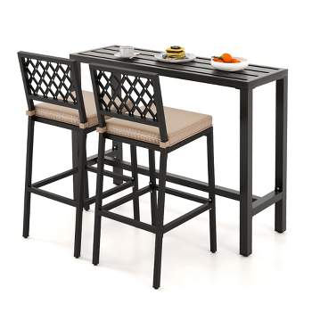 Tangkula 3PCS Outdoor Chairs & Metal Bar Table Set Patio Dining Table Set w/ Cushion