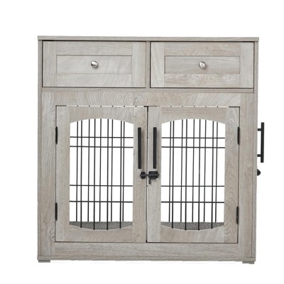 39 Inch Heavy Duty Dog Crate Furniture - Wooden Kennel End Table with 2 Doors, 360° Stainless Steel Bowls,Indoor Cage