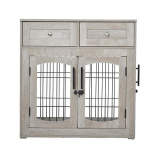 39 Inch Heavy Duty Dog Crate Furniture - Wooden Kennel End Table with 2 Doors, 360° Stainless Steel Bowls,Indoor Cage - 1 of 4