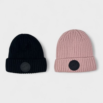 Canada Weather Gear Girl's 2-Pack Ribbed Beanie with Thermal Plush Lining- Warm Winter Hats for Kids, Soft Knit Hat - Pink & Black