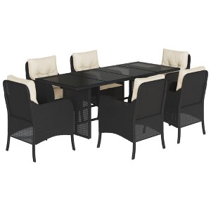 vidaXL 7-Piece Patio Dining Set with Cushions Black Poly Rattan & Tempered Glass Table for Garden/Backyard/Outdoor - 1 of 4