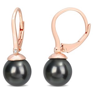 EVERLY JEWELRY | Rose Plated Sterling Silver 8 - 8.5 MM Black Tahitian Cultured Pearl and Diamond Accent Leverback Drop Earrings - 1 of 4