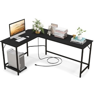 Costway L-shaped Gaming Desk Computer Desk with CPU Stand Power Outlets Rustic Brown/Black - 1 of 4