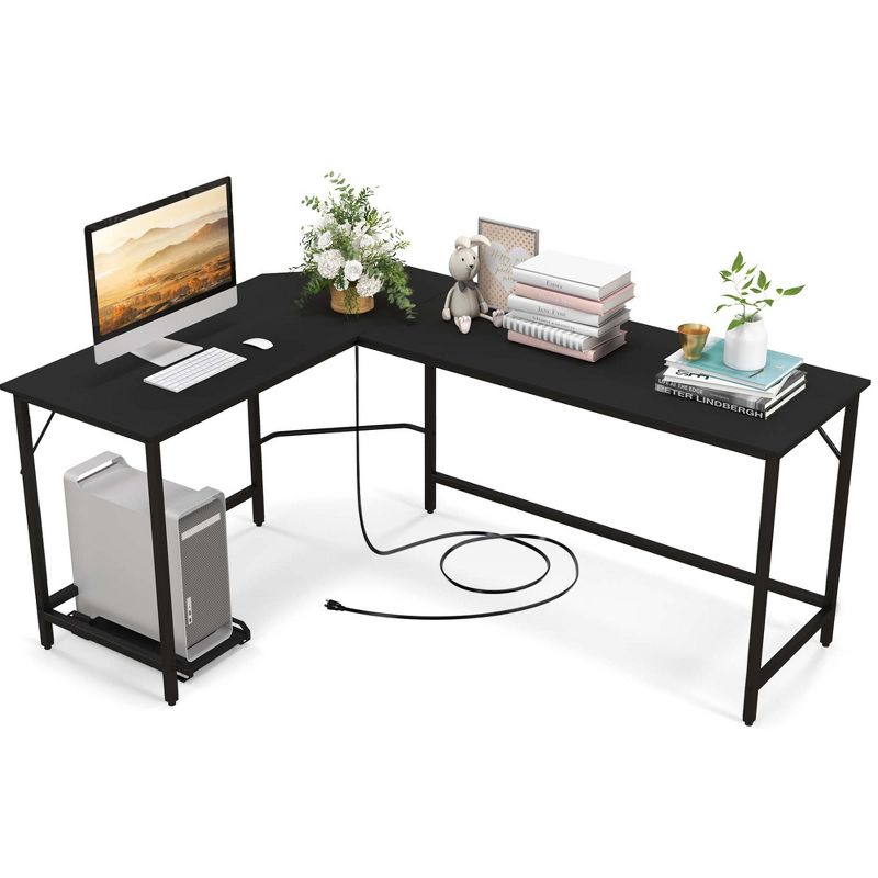 Costway L-shaped Gaming Desk Computer Desk with CPU Stand Power Outlets Rustic Brown/Black, 1 of 11