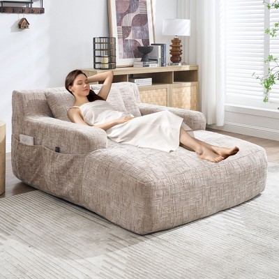 NicBex Modern Lazy Sofa Chair with Armrests and 3 Pillows, Comfy Chenille Sofa Bed with Side Pocket for Living Room, Khaki