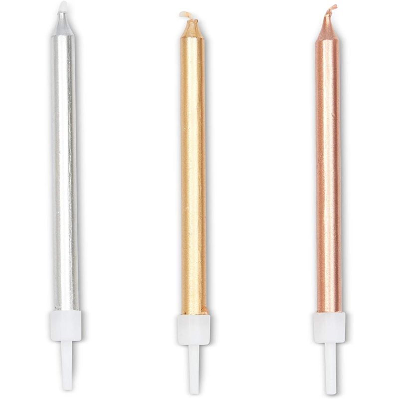 Blue Panda 72 Pack Metallic Long Thin Birthday Cake Candles 3-Inch with Holders - Silver, Gold, Rose Gold, 3 of 8