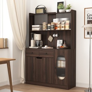 Gulches 71"Tall Kitchen Pantry Cabinet - Reeded Glass Doors, Microwave Stand, Pegboard Back with Hooks, Bakers Rack for Kitchen/Pantry/Living Room - 1 of 4