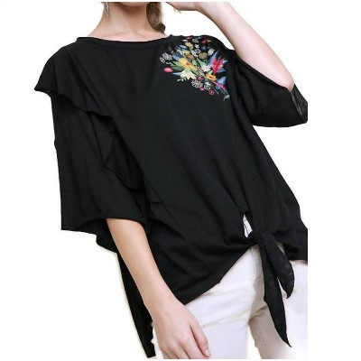 Women's Embroidered Ruffled Sleeve Knot Top - umgee
