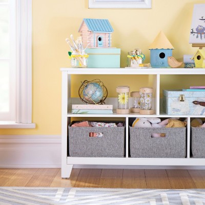 Creamy White Wooden Kids' Low Bookcase with Fabric Bins