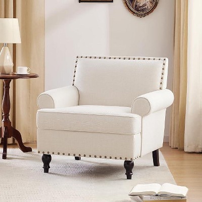 CAVINAS Linen Accent Chair with Mid-Height Rivet Backrest,Mid-Century Upholstered Living Room Chairs,Reading Chairs for Living Room