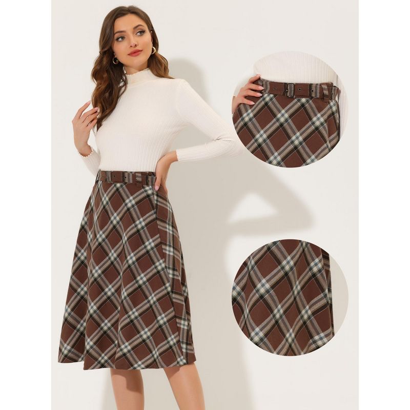 Allegra K Women's Tartan Plaid High Waist Belted Vintage A-Line Midi Skirt, 3 of 7