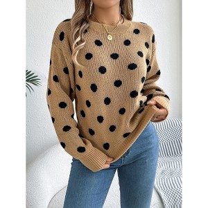 Women's Cute Polka Dot Sweater Shirt Long Sleeve Crew Neck Fall Casual Color Block Loose Fit Soft Knit Pullover Top - 1 of 4