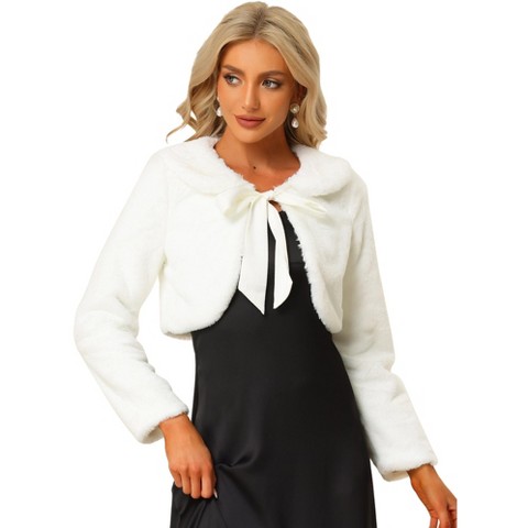 INSPIRE CHIC Women's Evening Bow Tie Front Turndown Collar Faux Fur Fluffy Cropped Coat Small White
