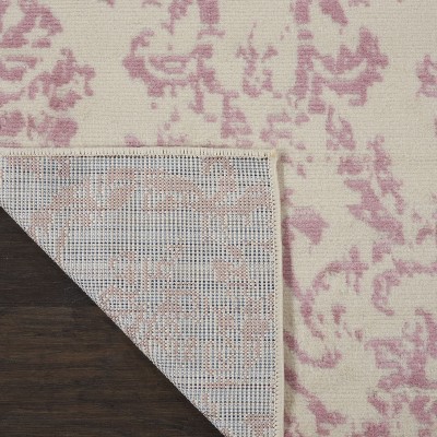 Ivory and Pink Synthetic Runner Rug with Damask Design