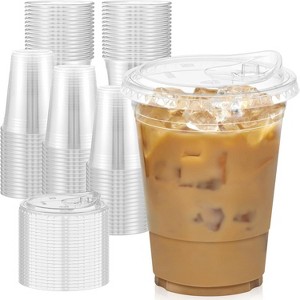 Attop 16 oz Clear Plastic Cups with Lids, Sturdy & Food Safe Iced Coffee Cups with lids, Disposable Plastic Smoothie Cups for Cold Drinks - 1 of 4