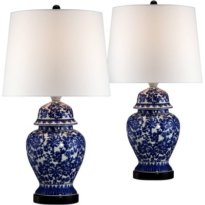 Regency Hill Asian Table Lamps Set of 2 Porcelain Blue Temple Jar Floral White Drum Shade for Living Room Family Bedroom Bedside