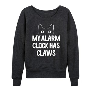 Women's - Instant Message - My Alarm Clock Has Claws Lightweight French Terry Wide Neck Long Sleeve Graphic Shirt - 1 of 4