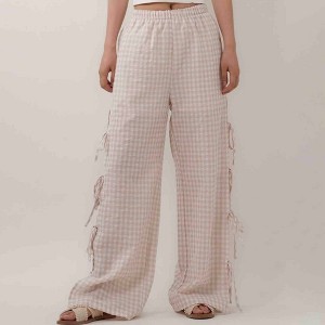 Pantalones Casuales de Loungewear a Cuadros con Cintura Elástica y Tirantes con Moño - Cherie Code Pearl XL