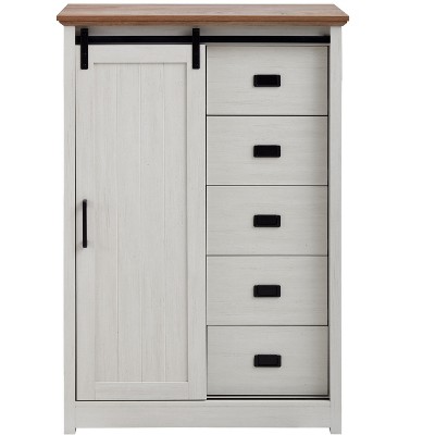 VANIRROR 5-Drawer Dresser with Sliding Barn Door – Farmhouse Modern Tall Storage Cabinet for Bedroom, Hallway, Living Room, Kids Room
