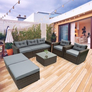 YOOCOZZ 6-Piece Outdoor Rattan Sectional Sofa and Table Set with Thick Cushions and Free Combination Design - Grey - 1 of 4